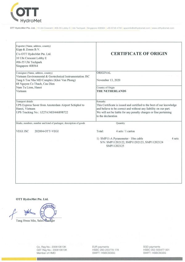 Certificate of Origin SMP11